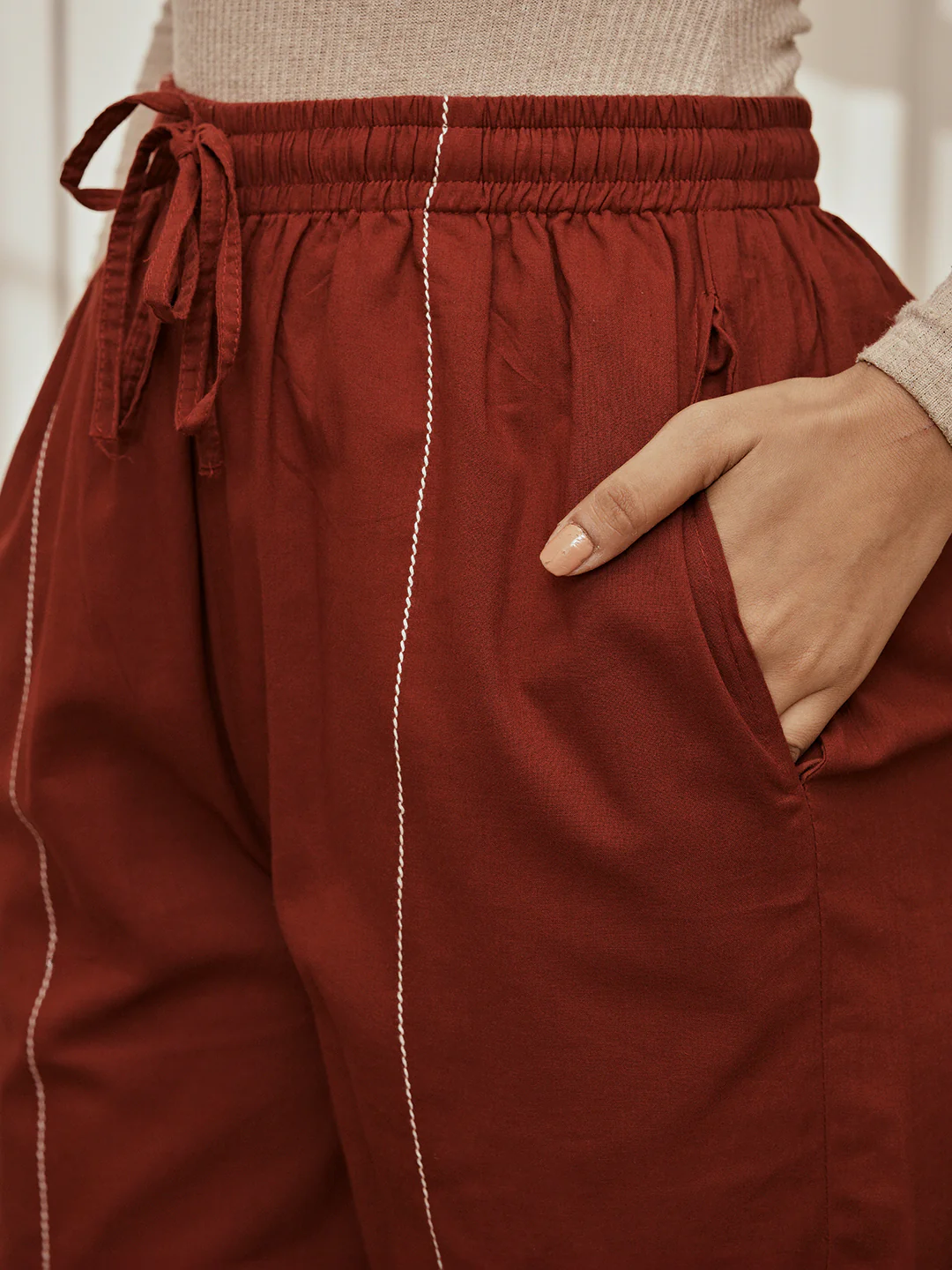 Women's Maroon Cambric Embroidered Joggers Yoga Pants - Image 4