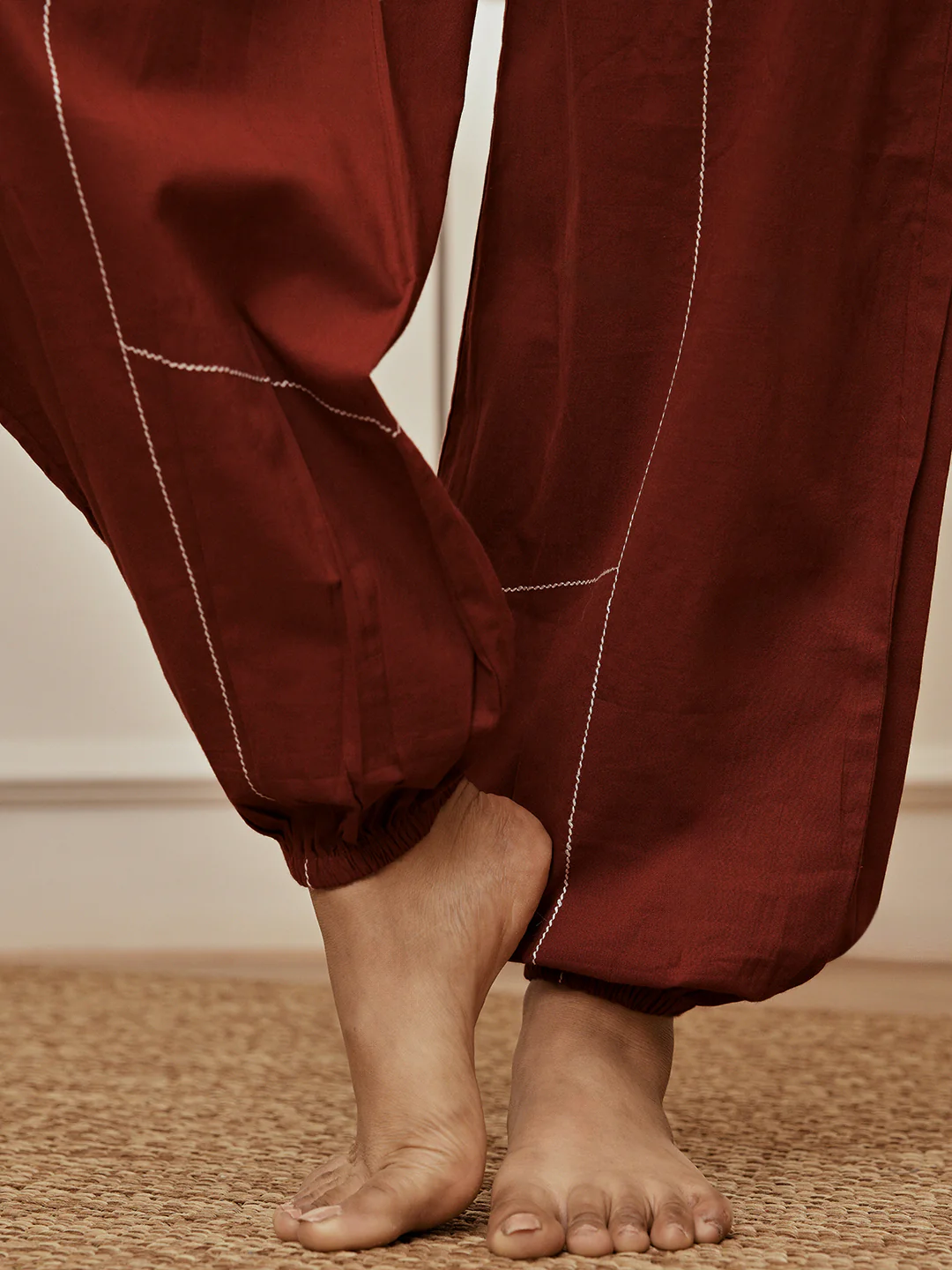 Women's Maroon Cambric Embroidered Joggers Yoga Pants - Image 5