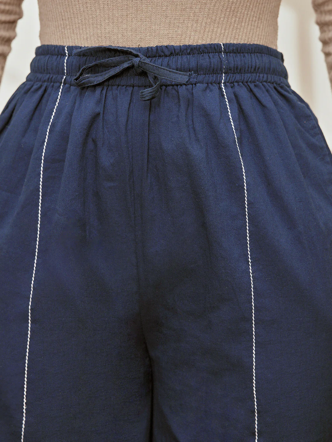 Women's Navy Blue Cambric Embroidered Joggers Yoga Pants - Image 4