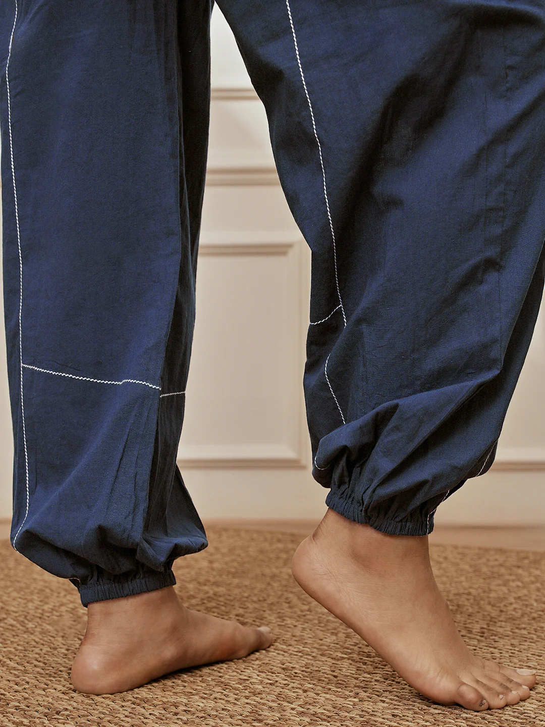 Women's Navy Blue Cambric Embroidered Joggers Yoga Pants - Image 6