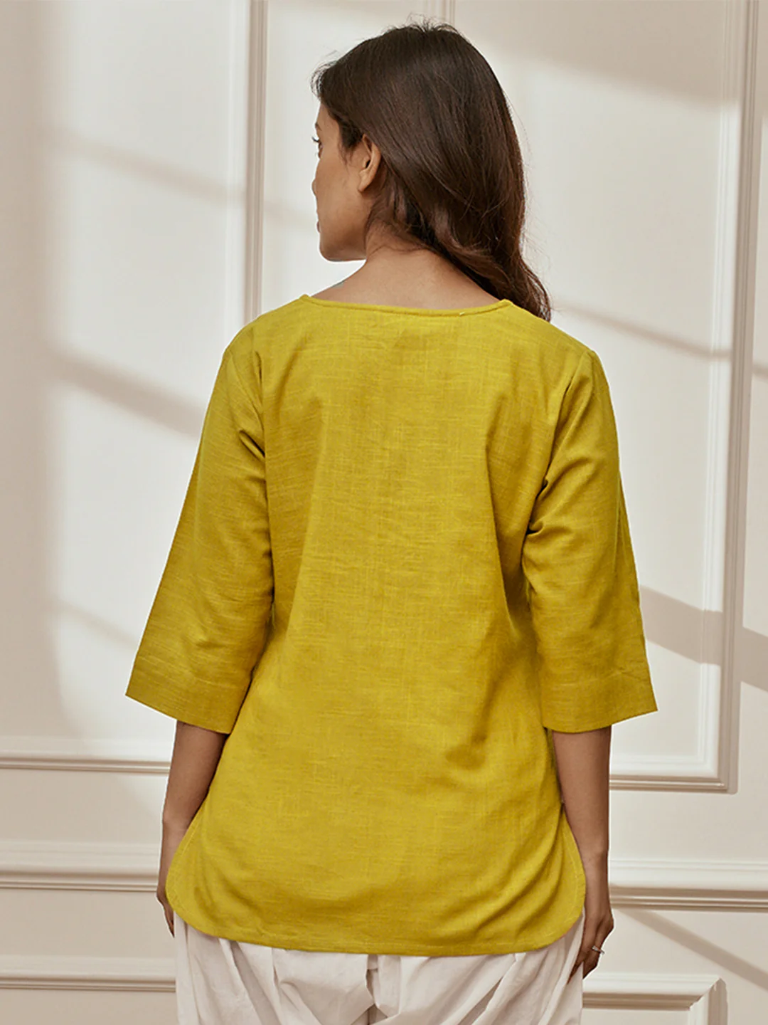 Women's Olive Green Cambric Cotton Round Neck Yoga Kurta - Image 4