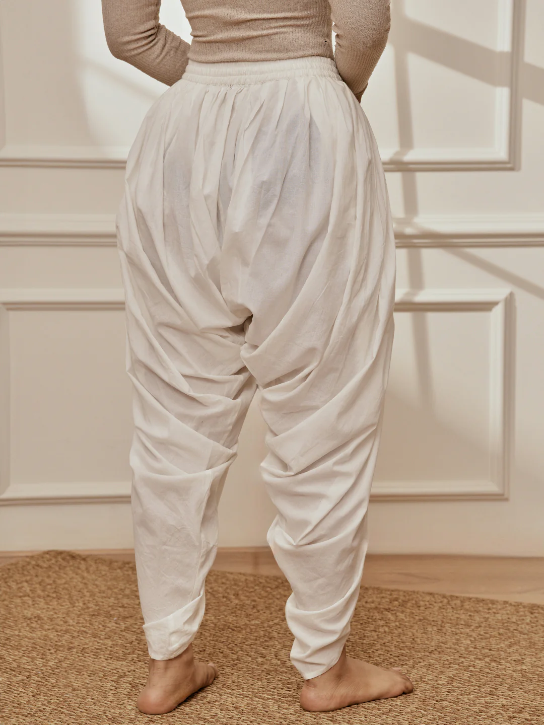 Women's White Cambric Cotton Dhoti Yoga Pants - Image 3