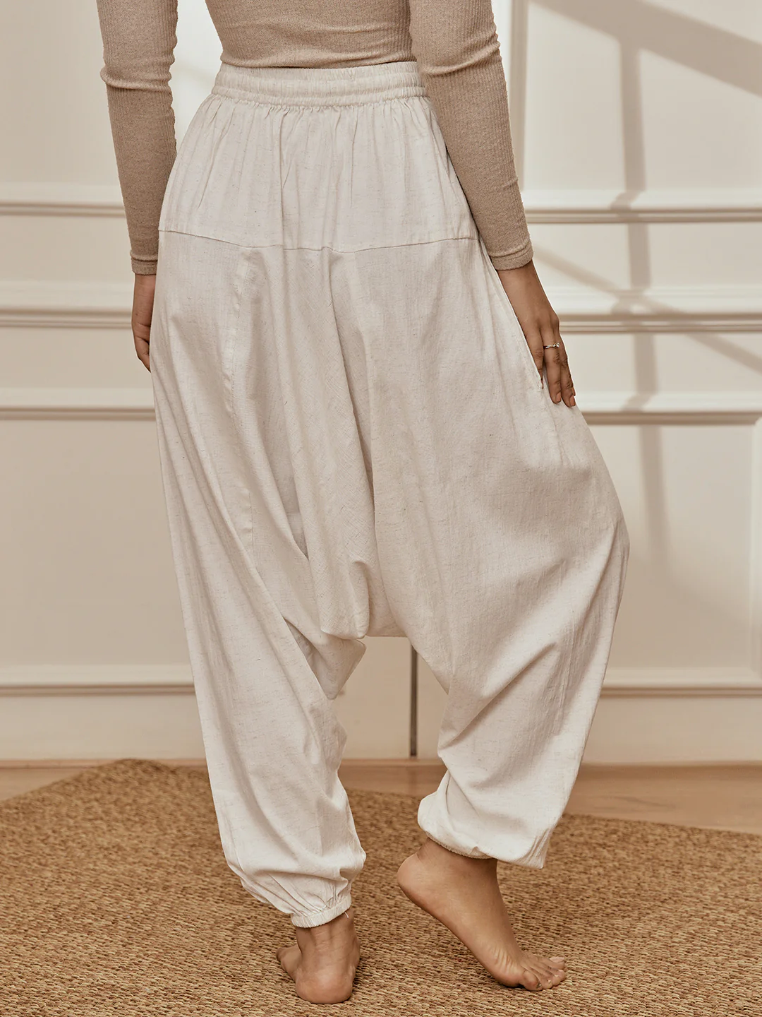 Women's White Cotton Lycra Harem Yoga Pants - Image 3