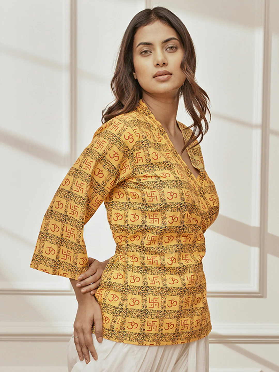Women Yellow Printed Cotton Shawl Collar Wrap Yoga Top - Image 3
