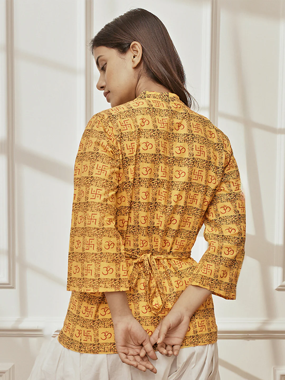 Women Yellow Printed Cotton Shawl Collar Wrap Yoga Top - Image 4