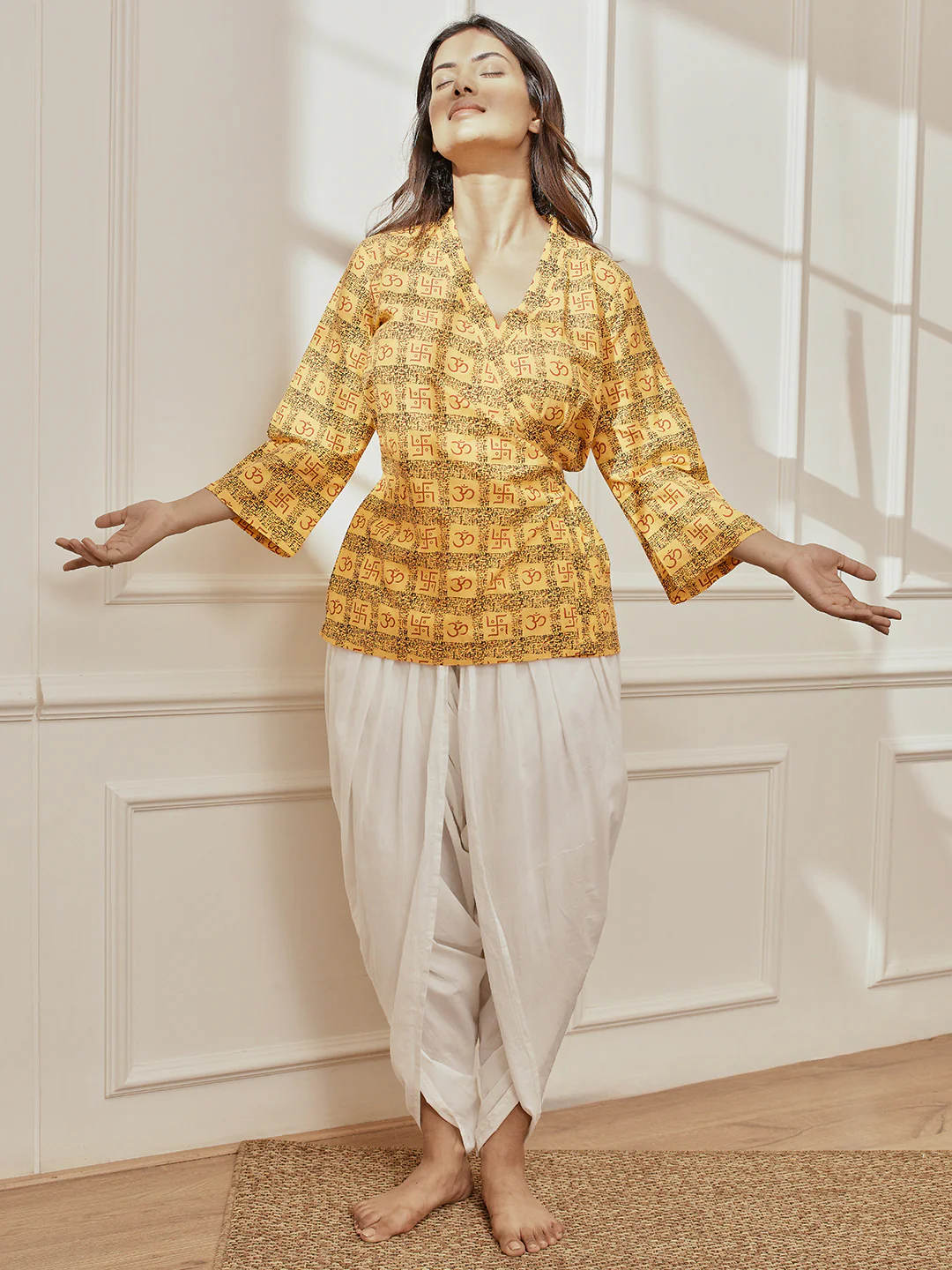 Women Yellow Printed Cotton Shawl Collar Wrap Yoga Top - Image 5