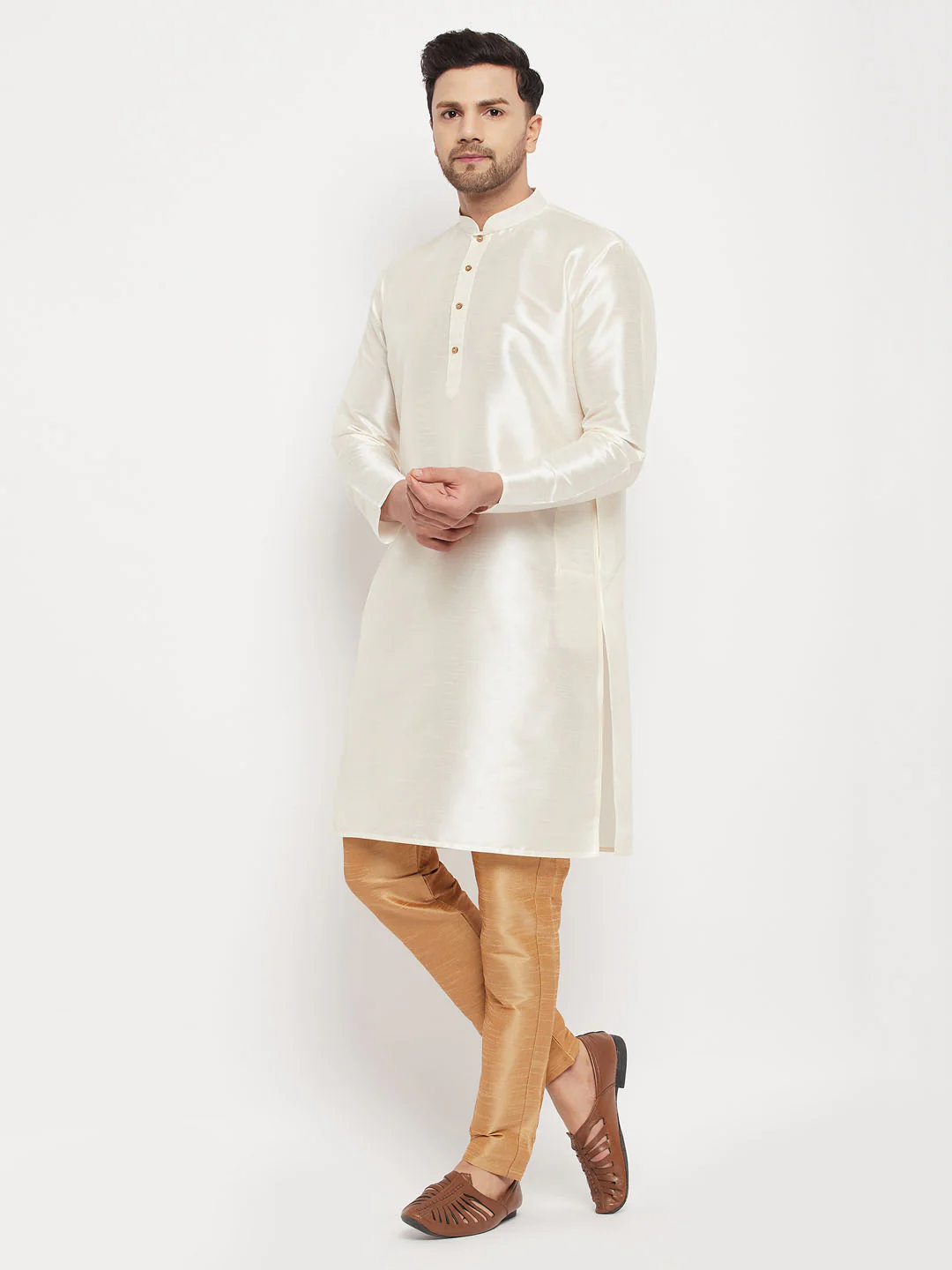 Men's Cream Cotton Silk Blend Kurta - Image 5
