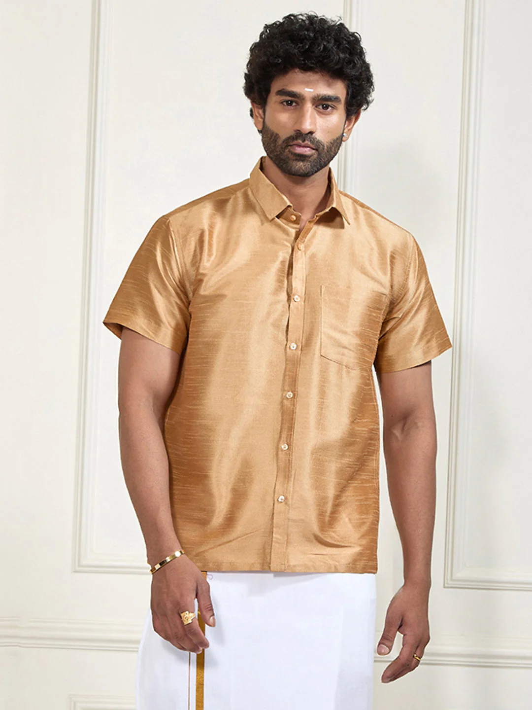 Men's Gold Silk Blend Ethnic Shirt - Image 10