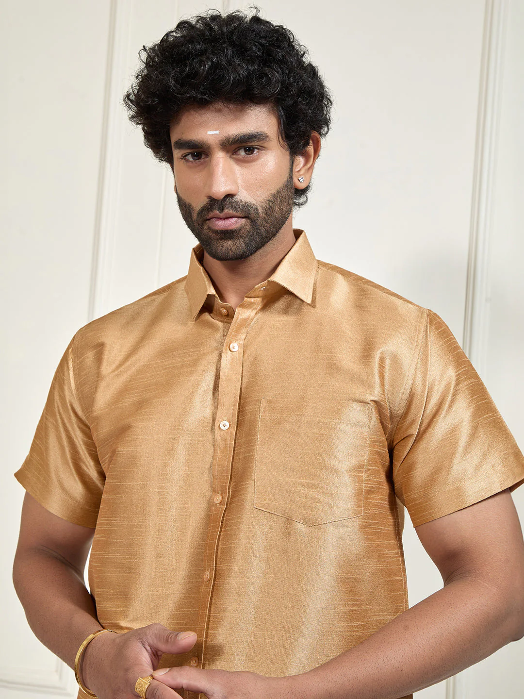 Men's Gold Silk Blend Ethnic Shirt - Image 12