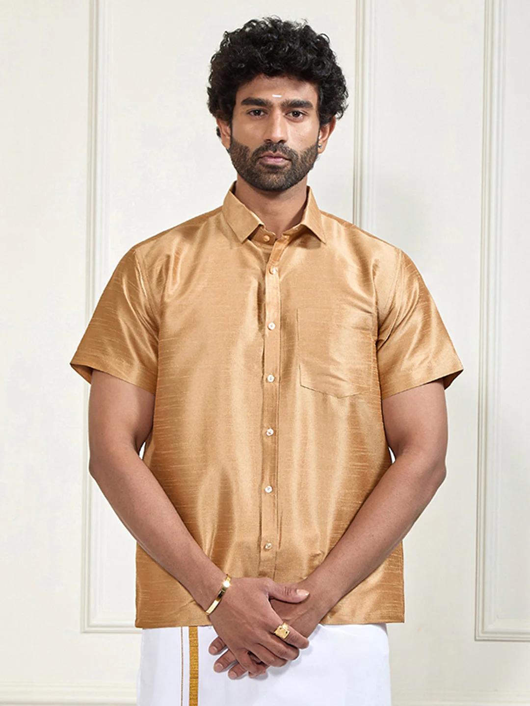 Men's Gold Silk Blend Ethnic Shirt - Image 3
