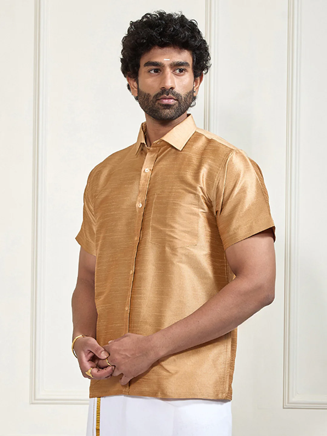 Men's Gold Silk Blend Ethnic Shirt - Image 5
