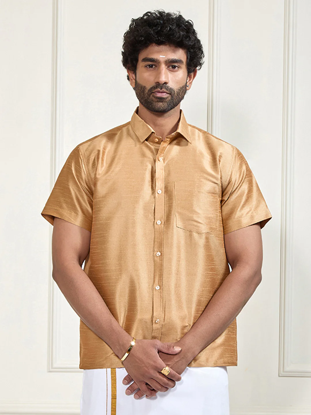 Men's Gold Silk Blend Ethnic Shirt - Image 8