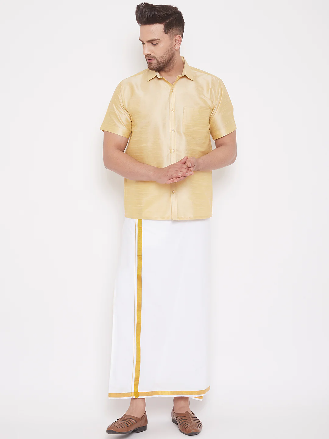 Men's Gold Silk Blend Ethnic Shirt - Image 5