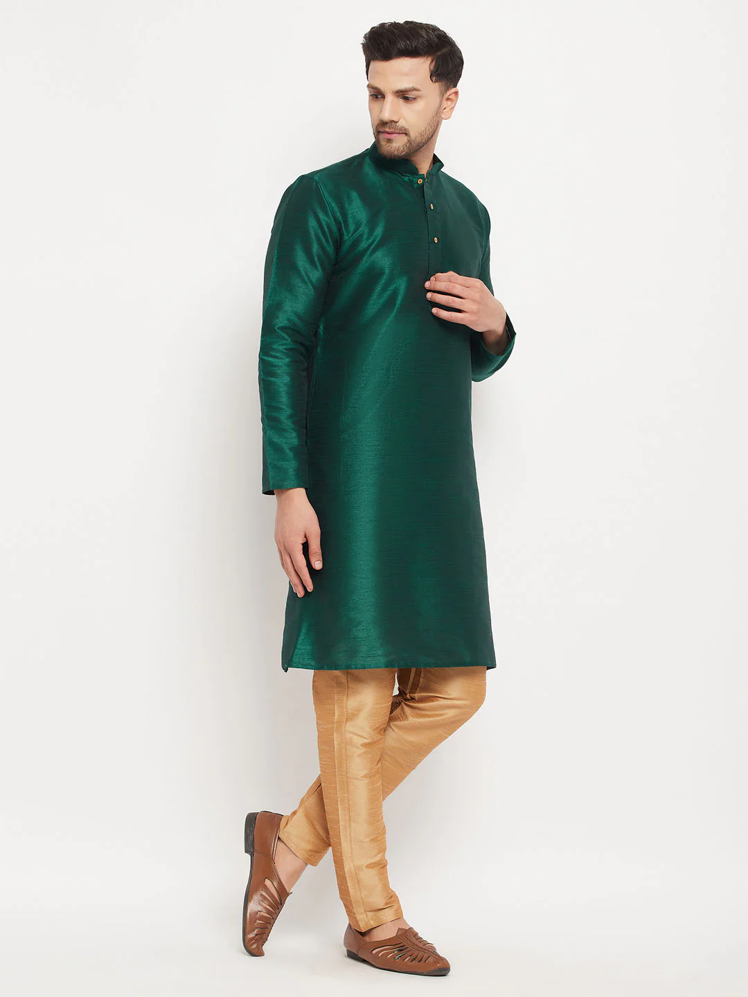 Men's Green Cotton Silk Blend Kurta - Image 5