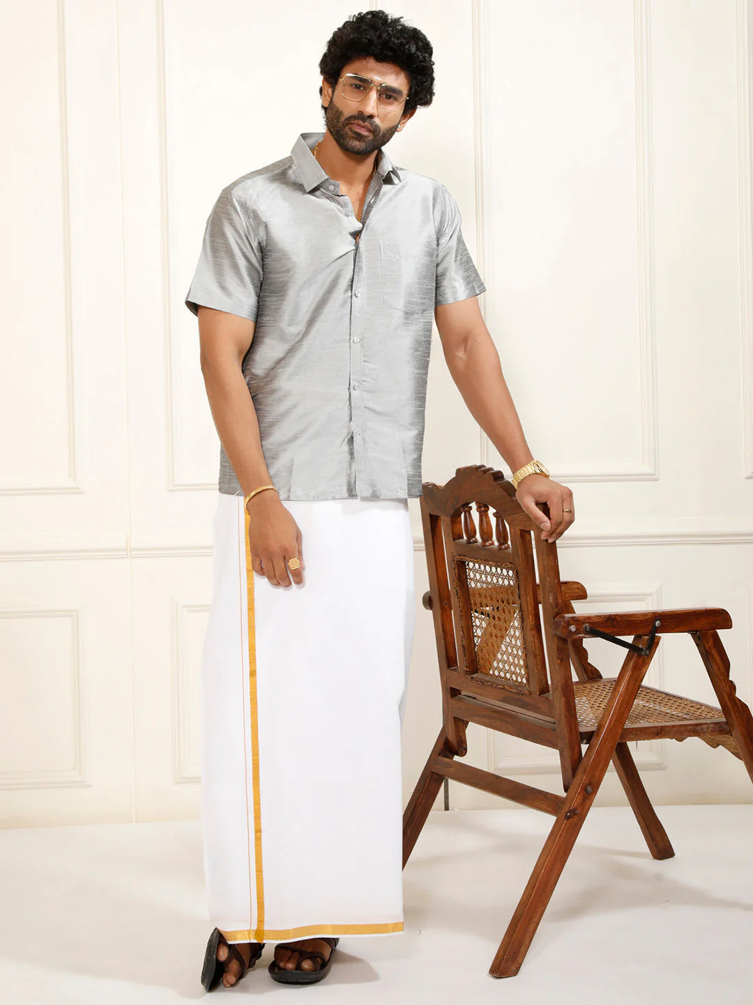 Men's Grey Silk Blend Ethnic Shirt - Image 3