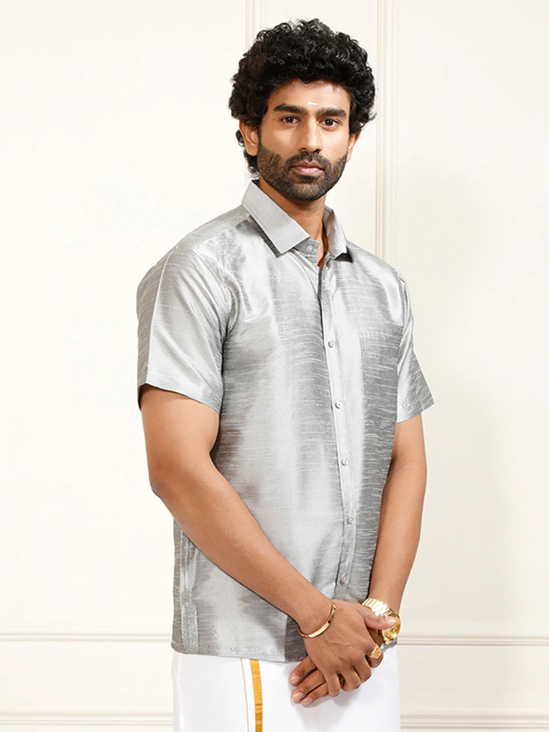 Men's Grey Silk Blend Ethnic Shirt - Image 4