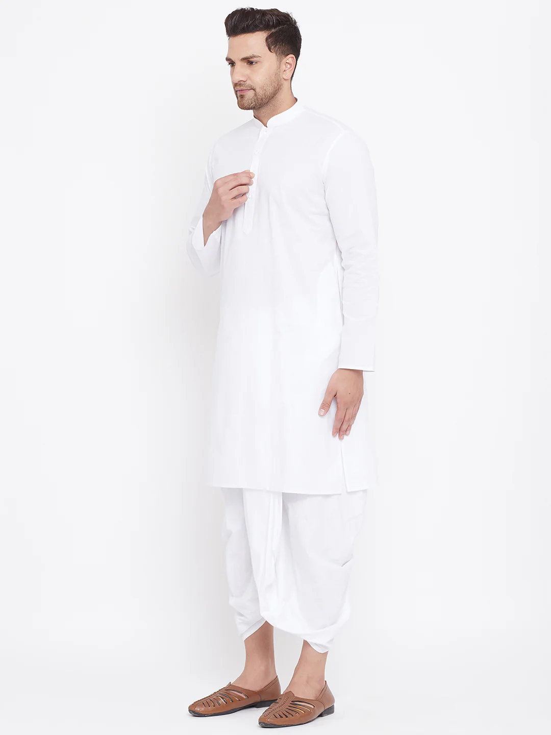 Men's White Cotton Kurta And Dhoti Set - Image 5