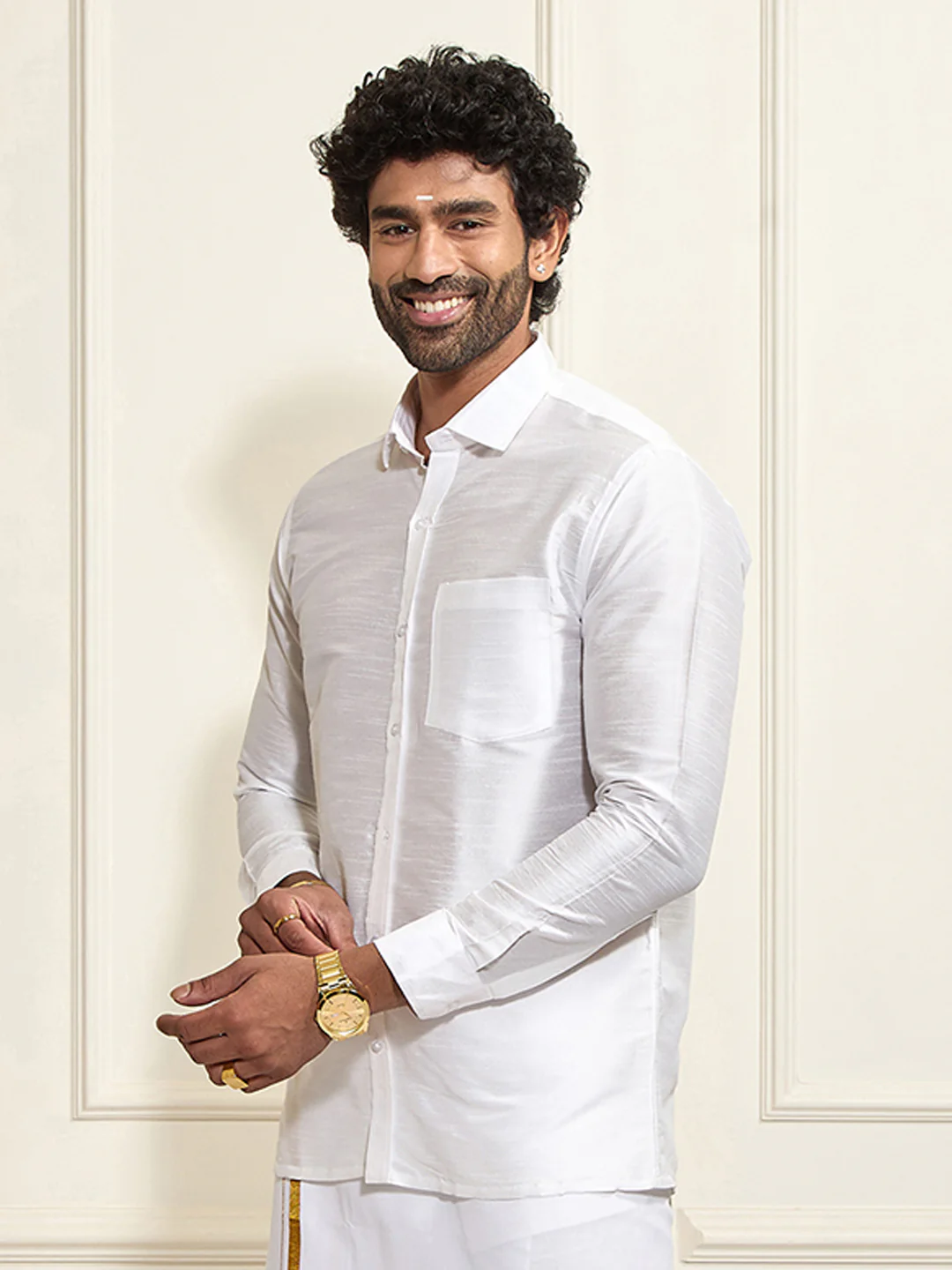 Men's White Silk Blend Ethnic Shirt - Image 3