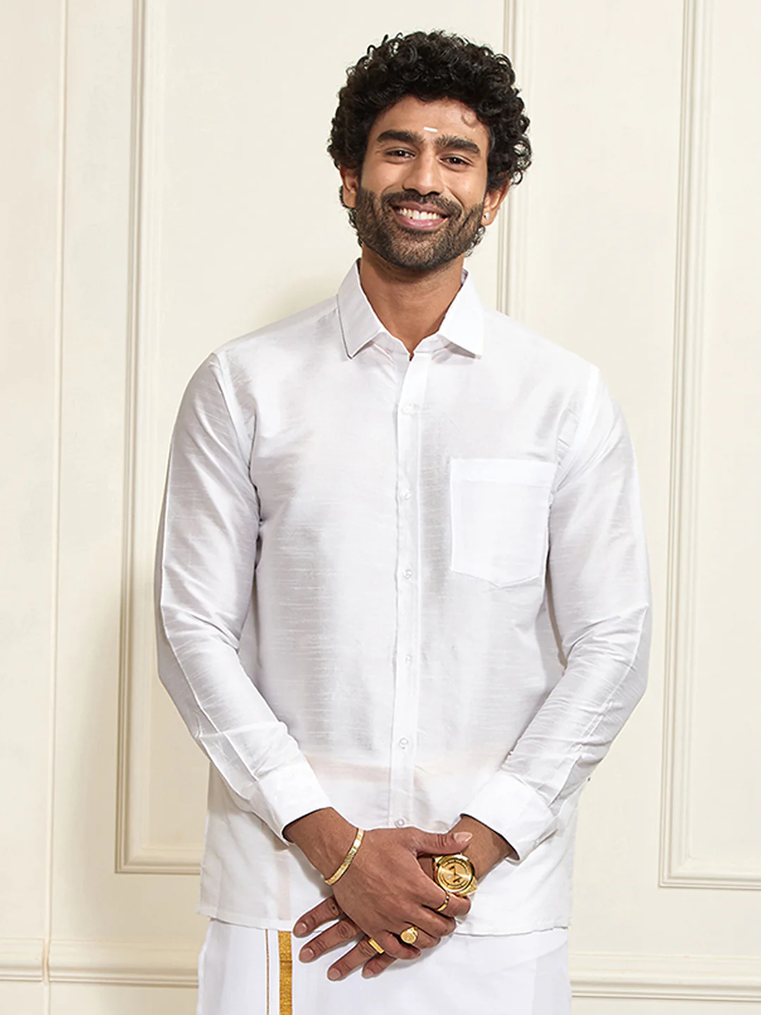 Men's White Silk Blend Ethnic Shirt - Image 6
