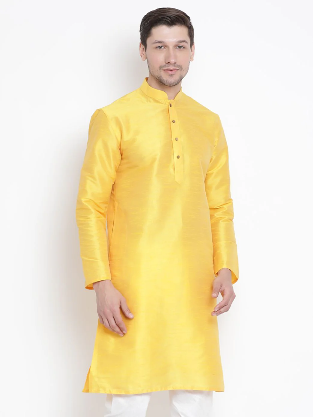 Men's Yellow Cotton Silk Blend Kurta - Image 3