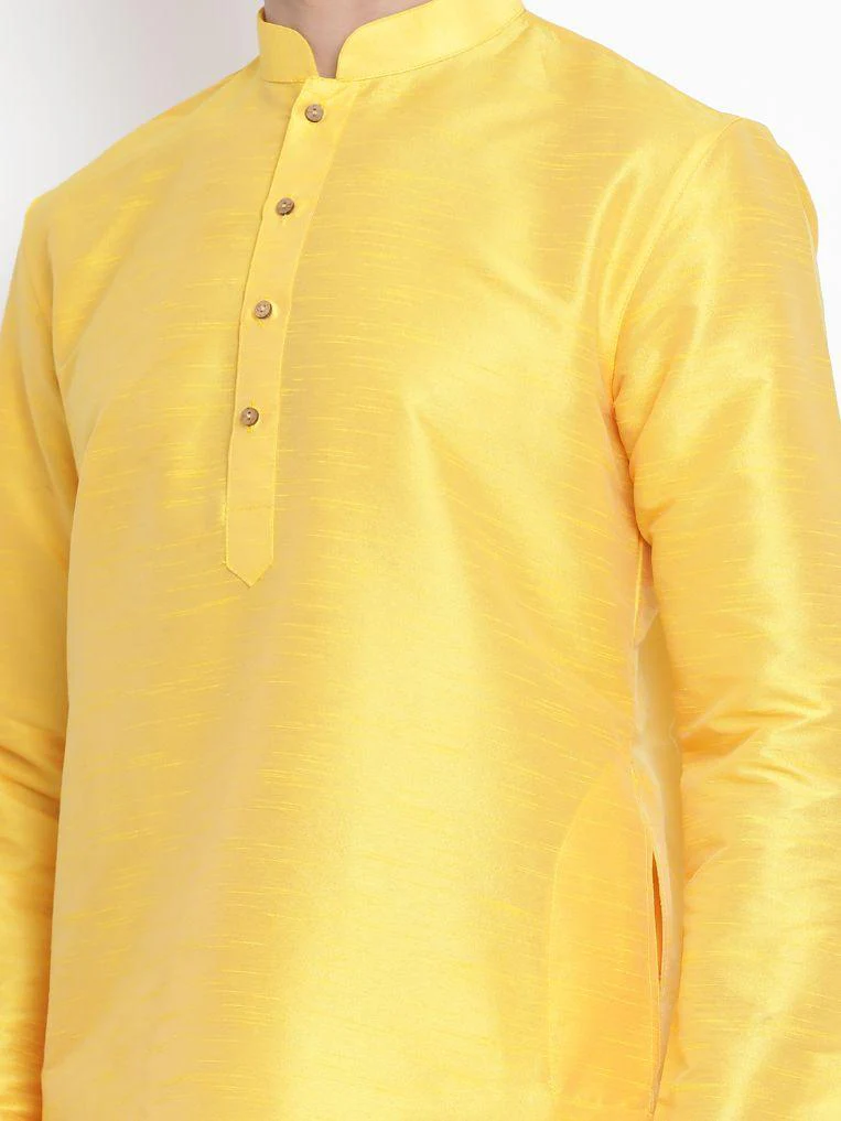 Men's Yellow Cotton Silk Blend Kurta - Image 4