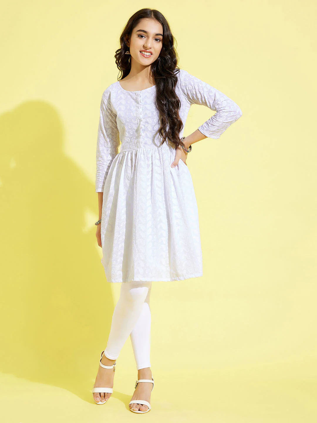 Girl's White Pure Cotton Chikankari Kurta With Leggings Set - Image 6